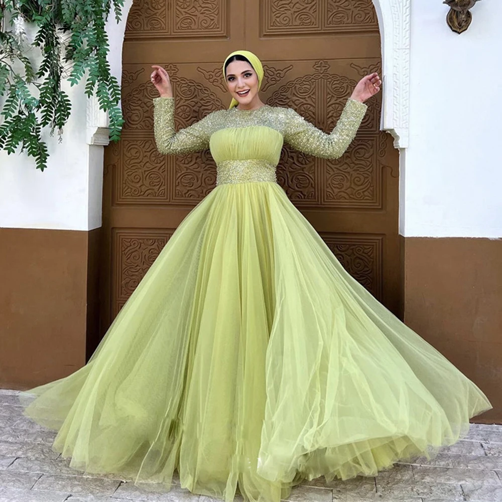 

Modest A Line Muslim Prom Dresses O Neck Long Sleeve Beaded Formal Evening Gown Layere Tulle Arabic Dubai Vestidos De Novia