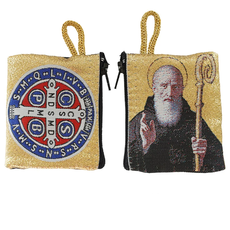 St Benedict Rosary Pouch Double-side Knitted Jacquard Religious Figure Prayer Rosary Bag