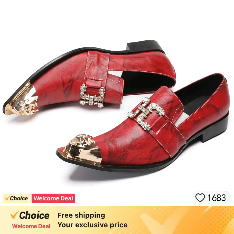 New black Color Men Leather Shoes Men's Loafers with Gold Toe and Metal Party Wedding Men Dress Shoes