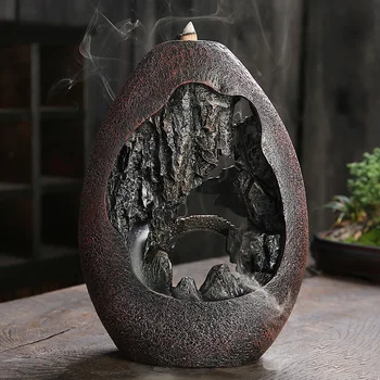 1pc, Smoke Waterfall Backflow Incense Burner Creative Home Decor Incense Holder Portable Resin Censer Mountain River Handicraft 4
