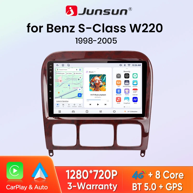 Junsun 8 Core Wireless CarPlay Android Auto Car Radio For Mercedes Benz S Class W220 S280 S320 S350 S400 S430 S500 S600 AMG 1998-2005 4G WiFi GPS Navigation Multimedia