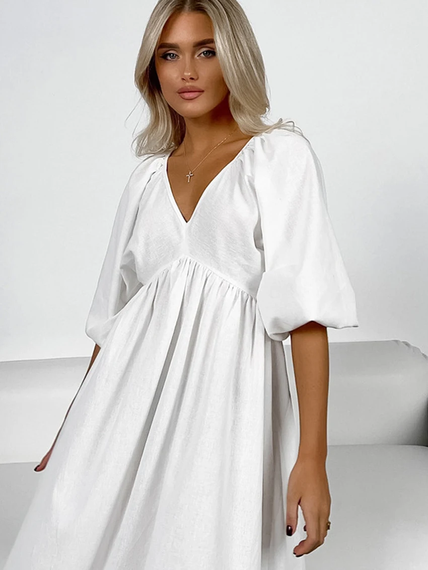 Marthaqiqi Summer New Female Nightgowns Sexy V-Neck Sleepwear Half Sleeve Nightwear Lace Up Backless Nightie Casual Home Clothes