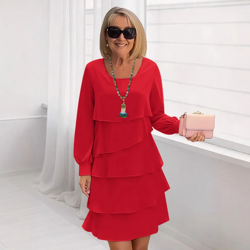 Women Long Sleeve Ruffle Layered Party Holiday Dress