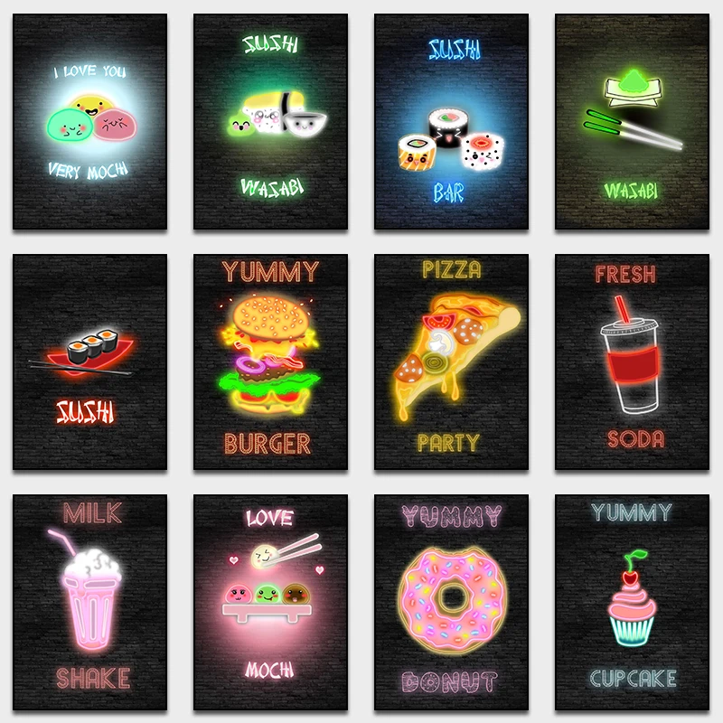 NeonFoodPostersandPrintsDONUTPIZZABURGERSushiMilkFriesWall
