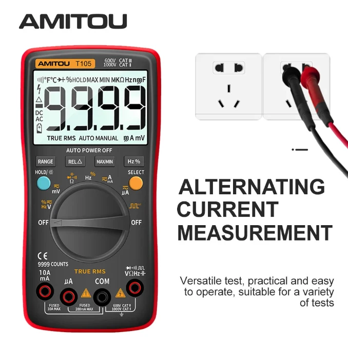 

AMITOU T105 9999 Counts Digital Professional Multimeter Ture RMS Smart Multimetro AC DC Ohm Capacitance Tester Hz Voltage Meter