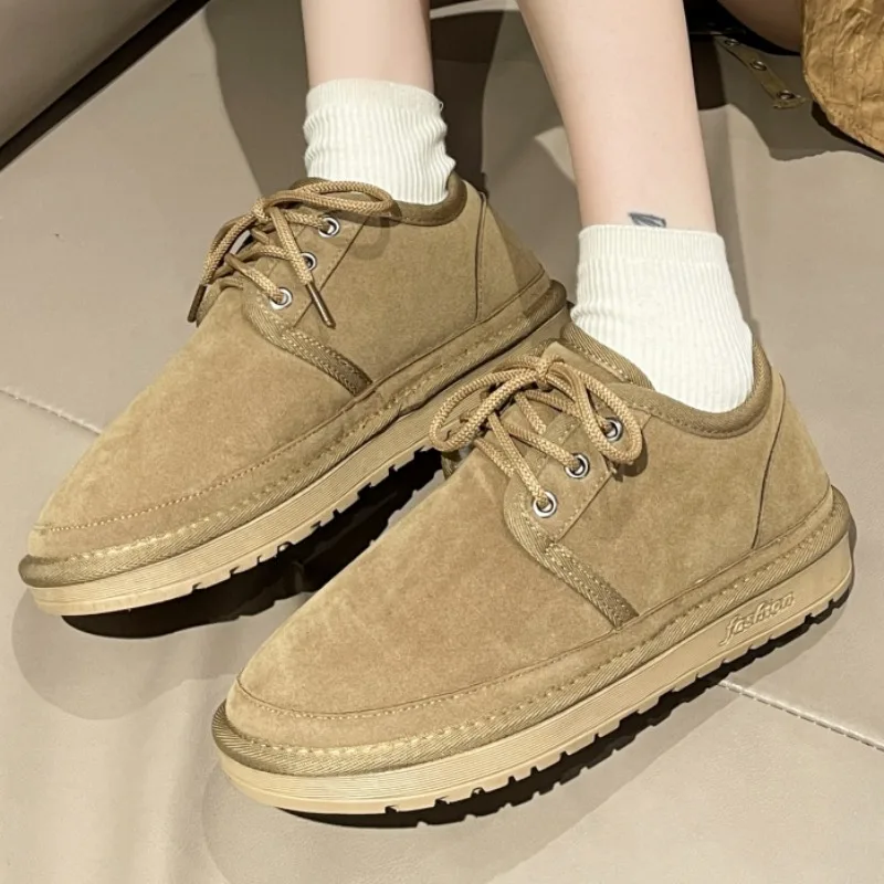 2023 Hot Sale Shoes for Women Lace Up Women's Boots Winter Plush Warm Round Toe Flock Ankle Boots Low-heeled Casual Snow Boots