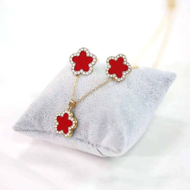 Hot selling item flower Jewelry Set fashion two sided Imitation fritillaria necklace earrings with stone two piece