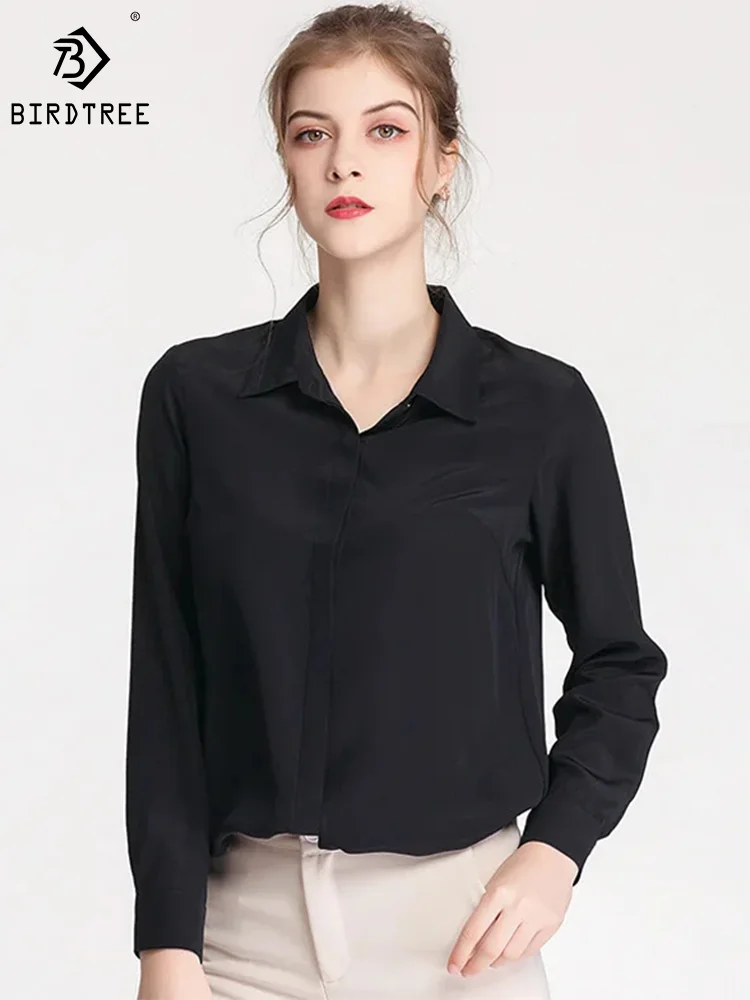 

Birdtree Long Sleeved Turn Down Collar Solid Blouse,16Mm Women 100%Real Silk Crepe Shirt,2024 Spring Autumn Office,T36738QM