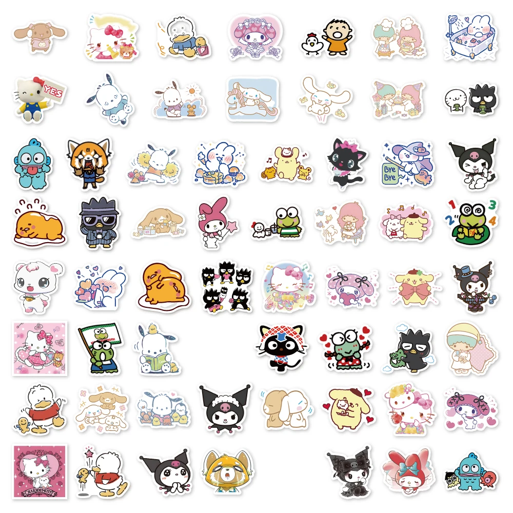 Autocollants mignons Hello Kitty Sanurgente Kuromi Pachacco Cinnamoroll, mélange drôle, décalcomanie, jouet pour enfant, mur, téléphone, réfrigérateur, voiture, bricolage, 10 pièces, 30 pièces, 50 pièces, 100 pièces