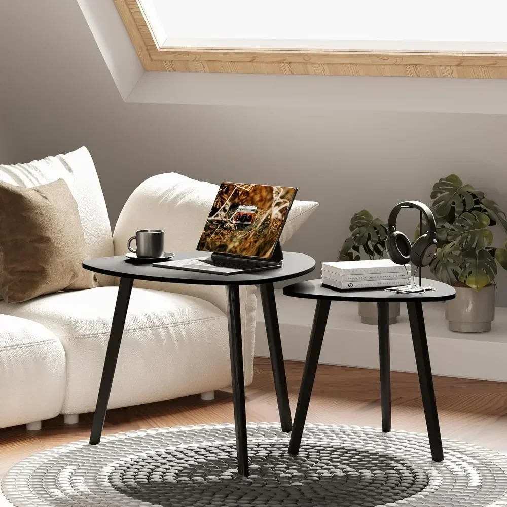 Bamboo and wood triangular end table, set of 2 living room coffee tables, modern minimalist side table in the living room