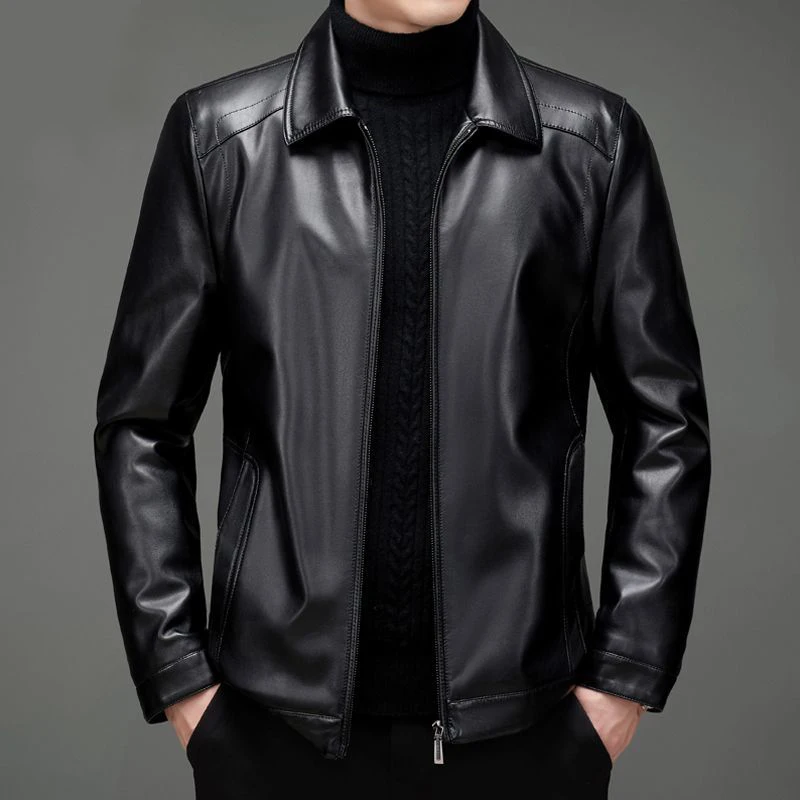 2026 New Men's Genuine Leather Spring Autumn Jacket Thin Sheepskin Casual Middle-aged Dad Leather Coat Zipper Closure Long Sl...