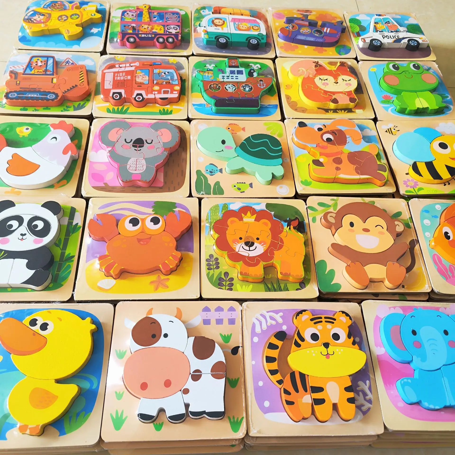 3D Wooden Puzzles Hand Grab Boards Toys Tangram Jigsaw Baby Educational Toys Cartoon Vehicle Animals Puzzles Gify for Toddler