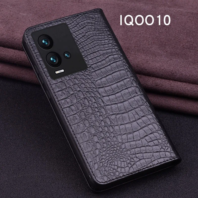 Luxury Lich Genuine Leather Flip Phone Cases For Vivo Qioo10 Iqoo 10 Pro Real Cowhide Leather Shell Full Cover Pocket Bag Case