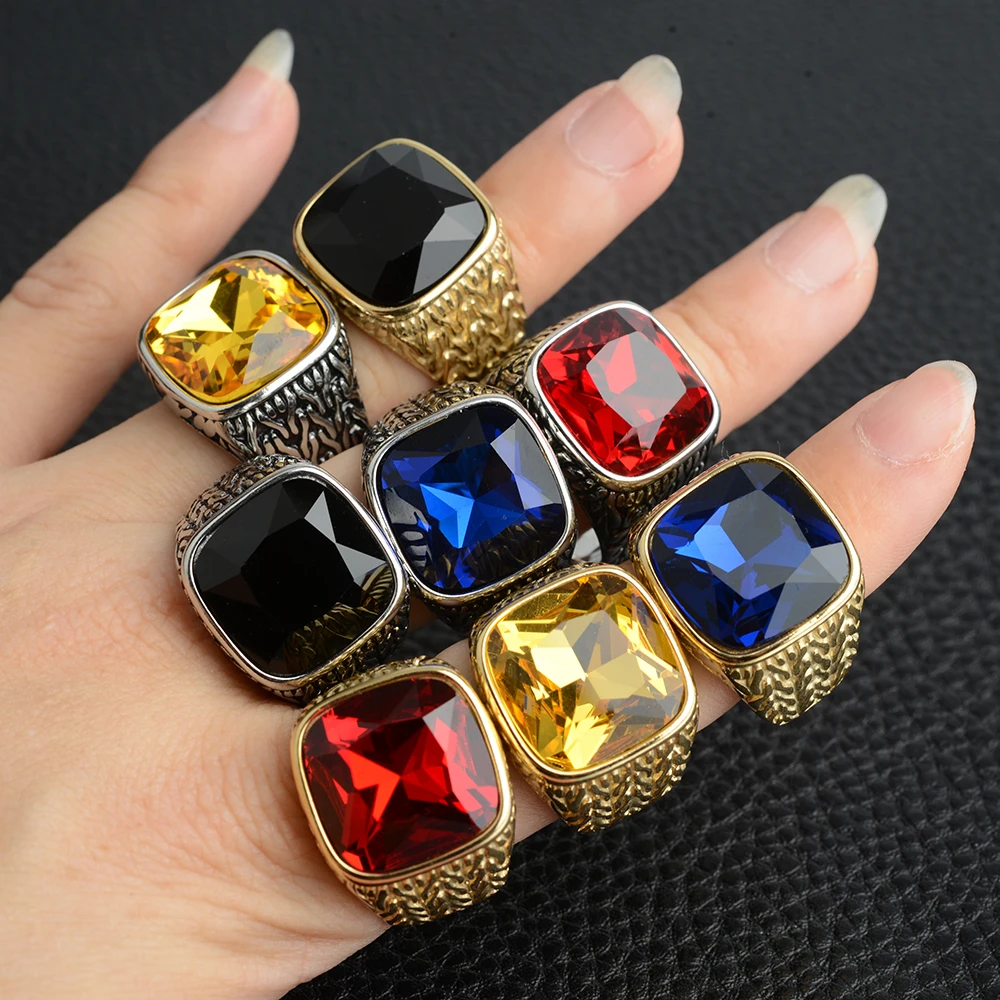 Stainless Steel Mens Rings Gold Silver-Color Red Blue Rhinestone Simple Luxury for Male Boy Jewelry Creativity Gift Wholesale 5