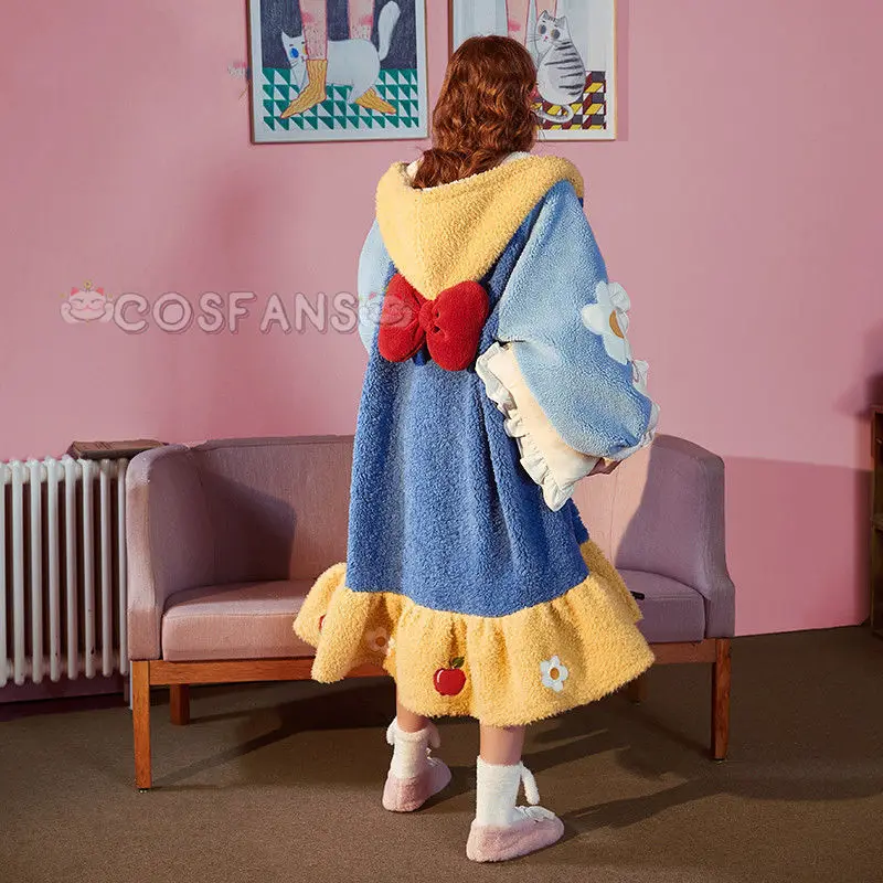 Adult Snow White Princess Kigurumi Pajama Set Winter Lady Cosplaly Nightgown Home Suit Hooded Cartoon Nightdress Pijama