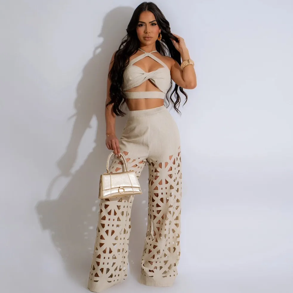 

Женский комплект из двух предметов, однотонный комплект из двух предметов с топом и брюками с вырезами, лето-осень 2024