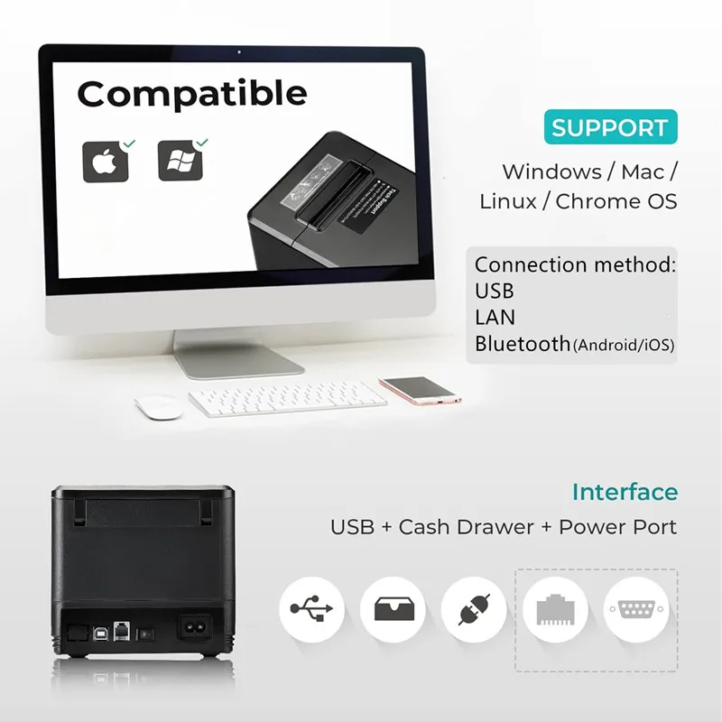미니 POS 80mm 열전사 영수증 프린터 USB LAN 블루투스 자동 커터 ESC/POS 명령 레스토랑 슈퍼마켓 소매점