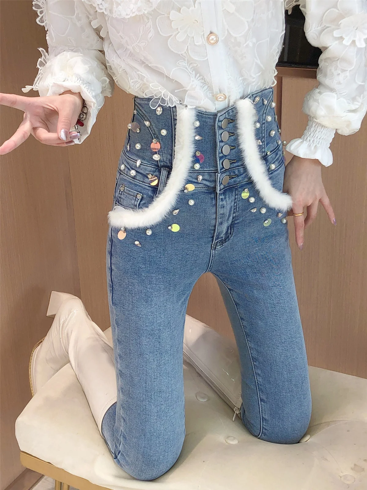

Sweet Leisure Diamond Beaded Sequins Stitching Furry Denim Pants Women's 2022 Winter New Trendy High Waist Pencil Pants Jeans