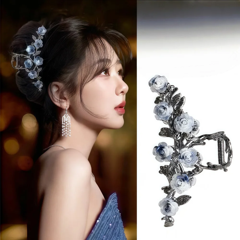 Luxus Schwarz Metall Blume Haar Klaue Clips Pferdeschwanz Greifen Haar Clips Für Frau Haarnadeln Mädchen Haar Zubehör Kopfschmuck