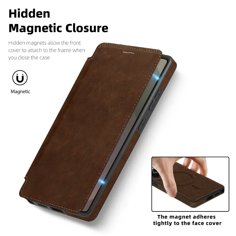 Leather MagSafe Flip Phone Case with RFID Blocking Wallet and Card Holder