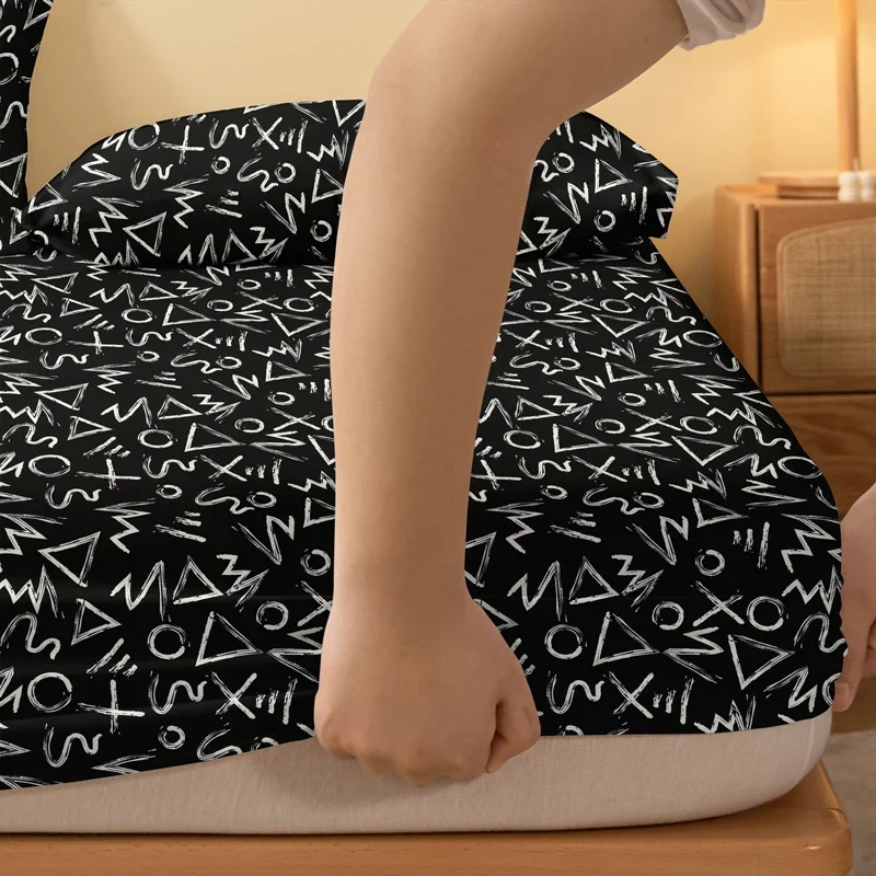 1 black background matte bed sheet with random patterns, bedroom printed bed cover, bedding (excluding pillowcases) 4
