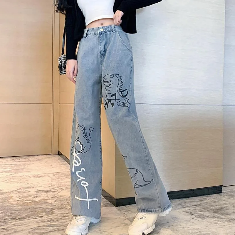 2023 Y2K Fashion Clothes Cartoon Pattern Printed Jeans Women's Casual Loose Denim Trousers Ladies Blue Straight Trousers iamsure slim star pattern denim elastic jeans casual streetwear mid waisted flare pants women 2023 autumn winter fashion ladies