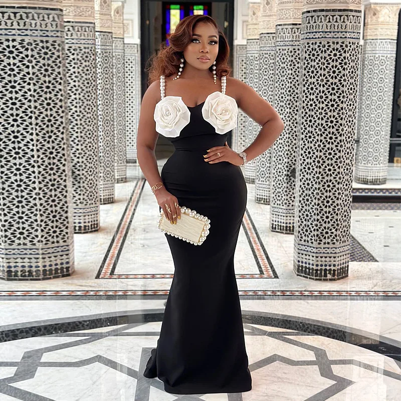 

Formal Evening Dress For Women Bridal Gown Dress Pearl Floor-length Mermaid Prom Dresses Elegant Applique Black Wedding Dress