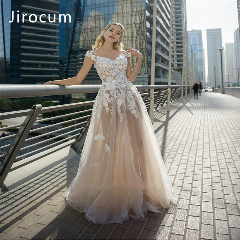 

Jirocum Sexy Tulle Perspective Champagne Wedding Dress 2024 Princess A-line Lace Applique Off Shoulder Back Button Bridal Gowns