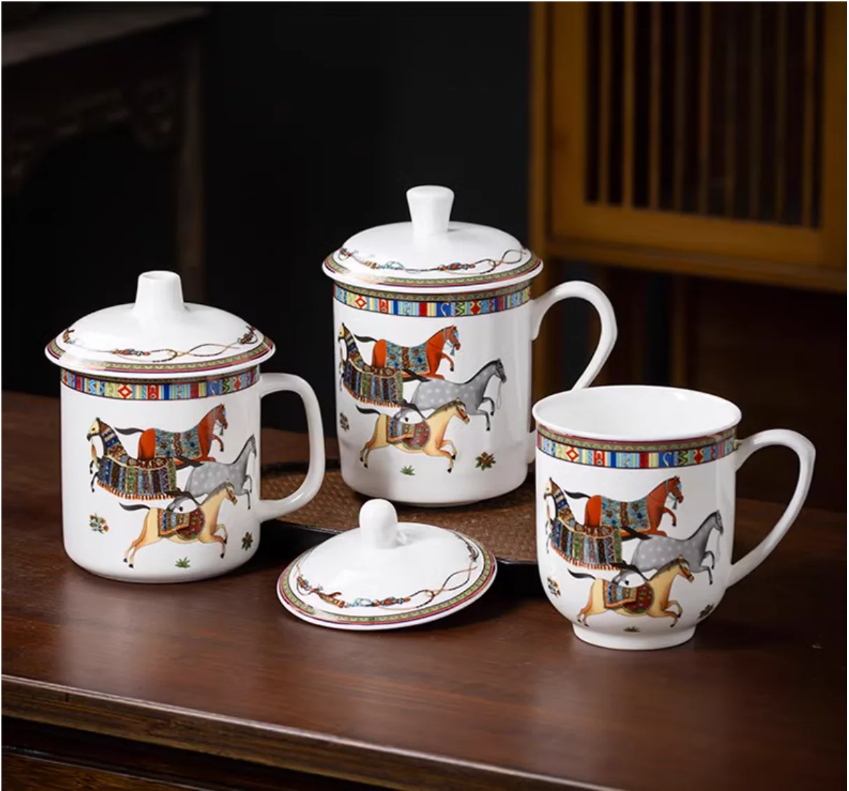 High bone China oriental horse office teacup with cover Jingdezhen porcelain love horse hotel conference tea cup