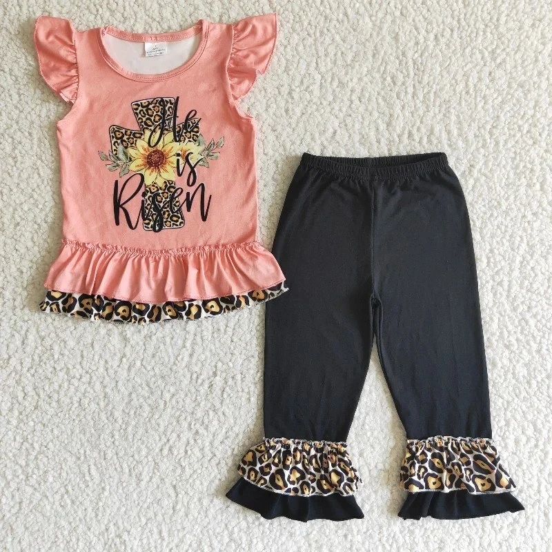 

Wholesale Easter Kids Spring Clothing He is Risen Children Top Outfit Baby Girl Clothing Ruffle Leopard Pants Toddler Clothes