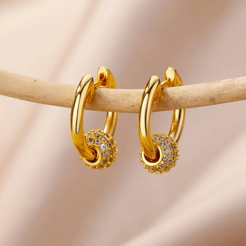 Zircon Round Bead Earrings Stainless Steel Gold Plated Hoop Earring
