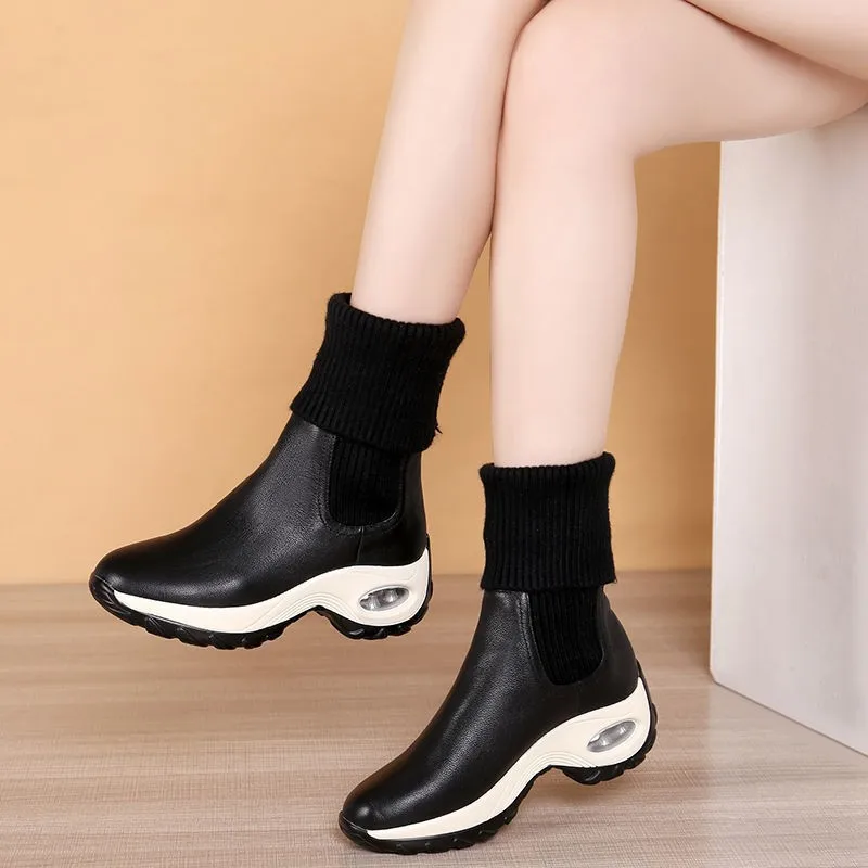 

2023 Hot Sales Autumn and Winter New Cashmere Thickened Warm Patent Leather Mid-heel Wedges Women's Short Boots Fashion Boots