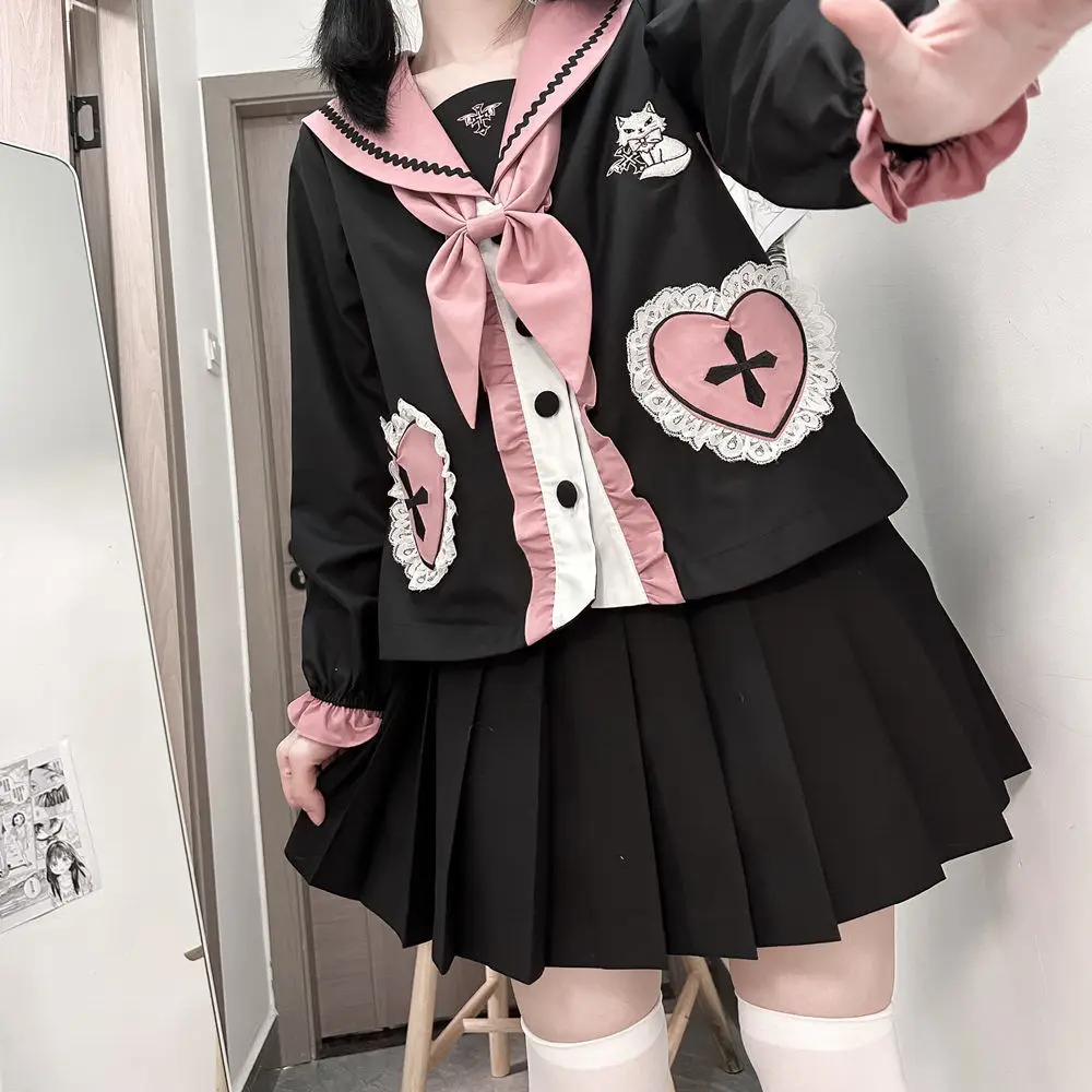 

2023 Autumn Original Sweet Pink Black Sailor Collar Bow Tie Top Black Pleated Skirt Cute Kindergarten JK Uniform Two Piece Suit
