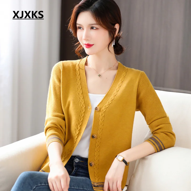 

XJXKS 2023 Spring Winter New Fashion V-neck Single-breasted Cardigan Women's Sweater Solid Color Versatile Wool Knitted Jacket