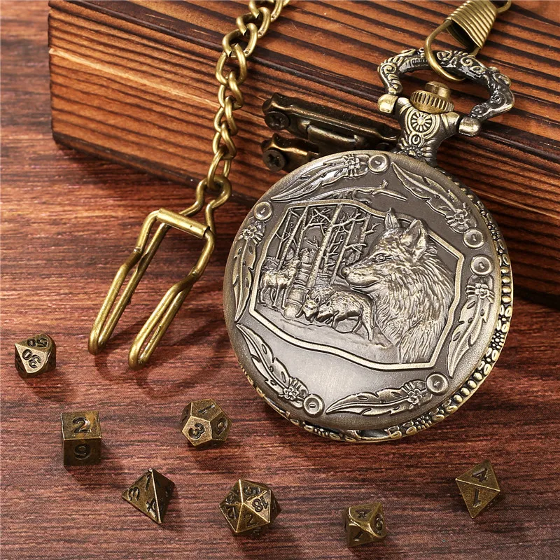 Antique Carved Wolf Pocket Watch Case Pendant Chain 7pcs/set Metal Dice Role Play Entertainment Gaming Dices