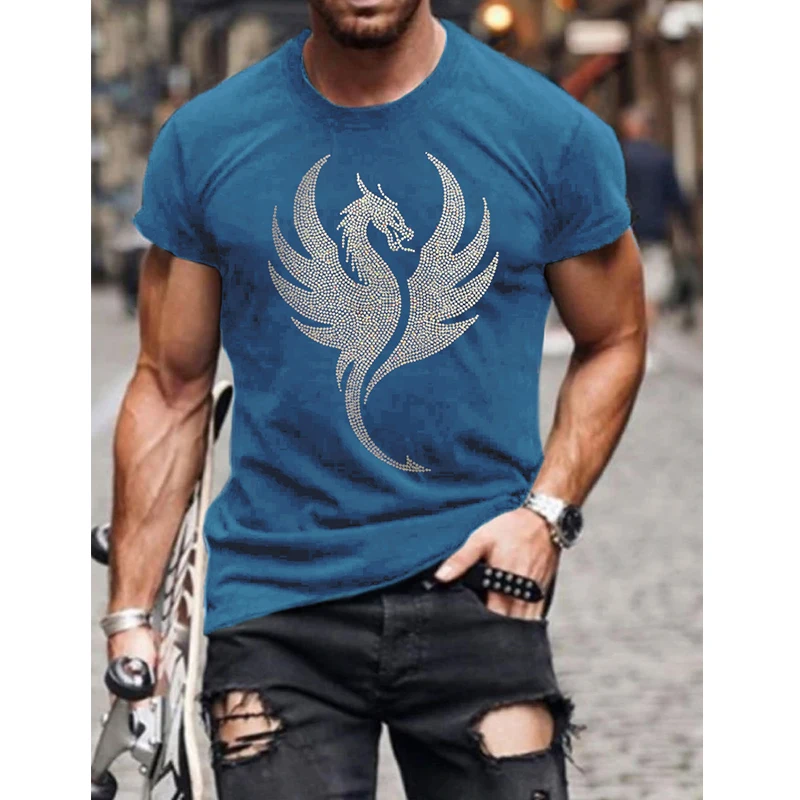 

Fashion Men's Clothing High Quality Oversized Tee y2k Dragon Rhinestone Designer Short Sleeve Tops Daily Casual Street T-Shirt