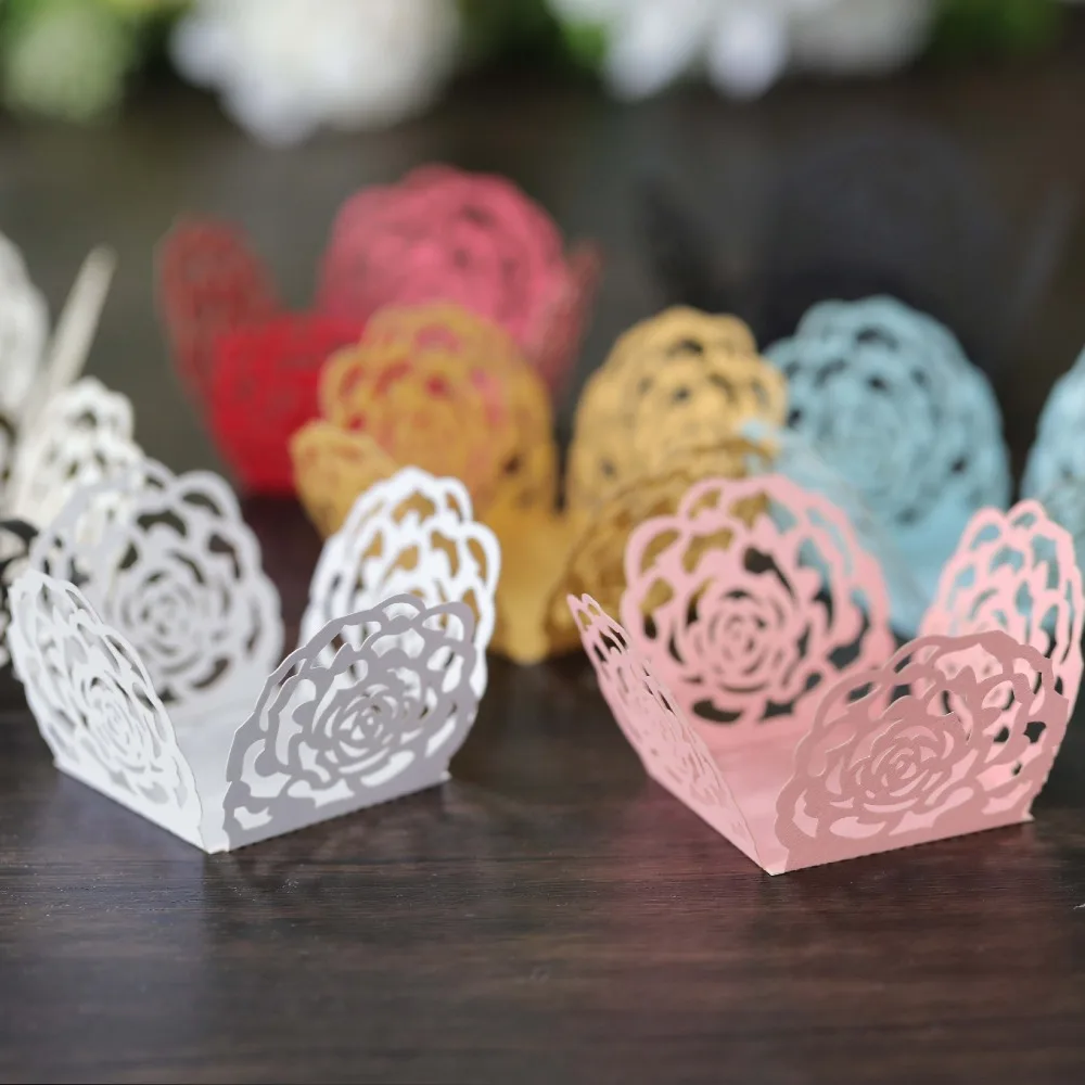 50pcs Chocolate Packing Chocolate Tray Paper Dessert Decor Rose Lace Truffle Wrappers Hollow-Out Chocolate Candy Cups Party