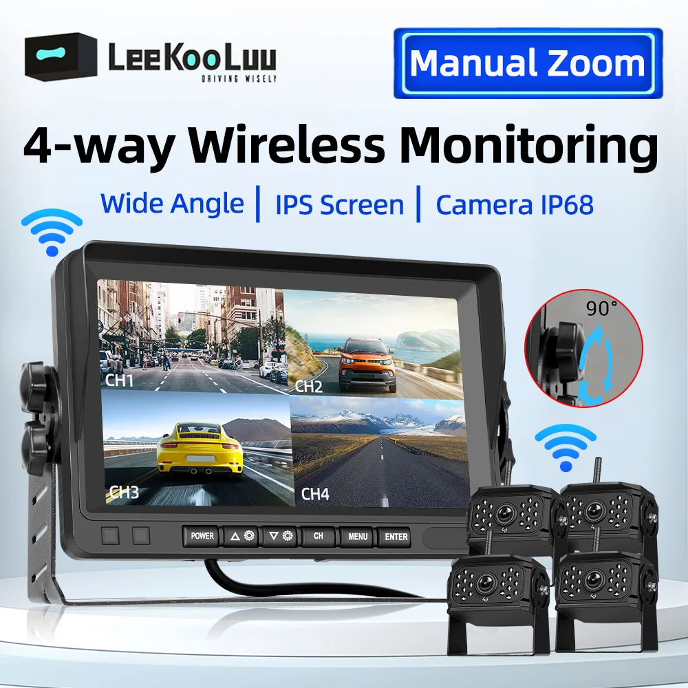 LeeKooLuu 7 inch IPS HD Screen Car Monitor with 4-Way Wireless Reverse Camera IP68 Waterproof Infrared Night Vision Back Camera