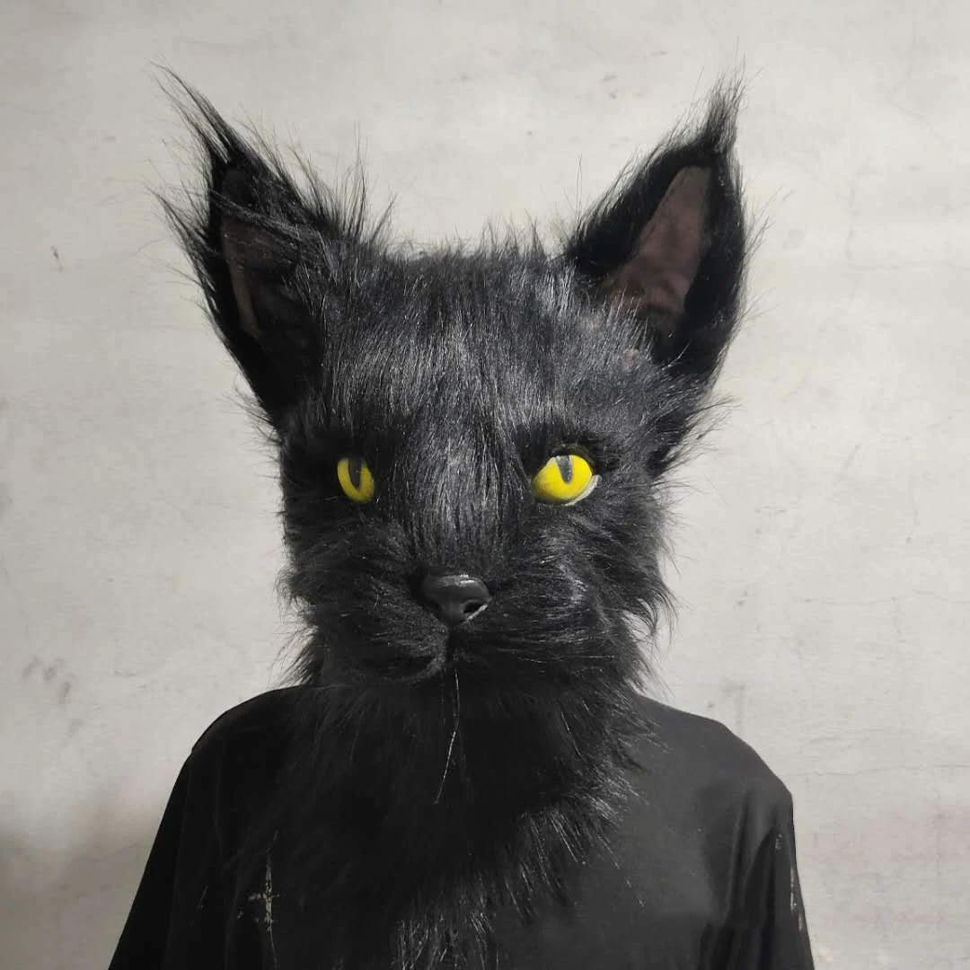 LatexwithFurBlackCatCosplayMaskScaryHelmetAnimalFunnyCostume