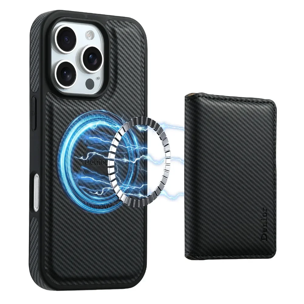 Sleek Carbon Fiber Pattern Detachable Wallet Case with Card Holder & Shockproof Protection