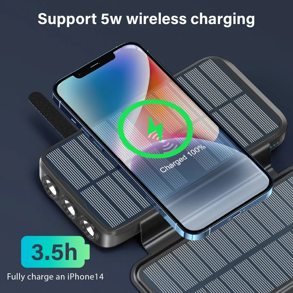 Solar Power Bank 43800mAh Built in 4 Cables 20W Fast Charging Battery Pack PD22.5W Fast Charging 10W