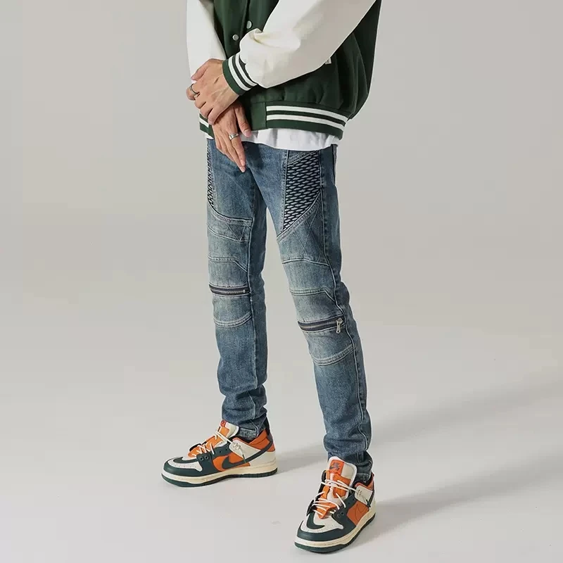 Street Fashion Men Jeans Retro Blue Slim Fit Elastic Spliced Biker Jeans Homme Patch Designer Hip Hop Pants Men Punk Trousers