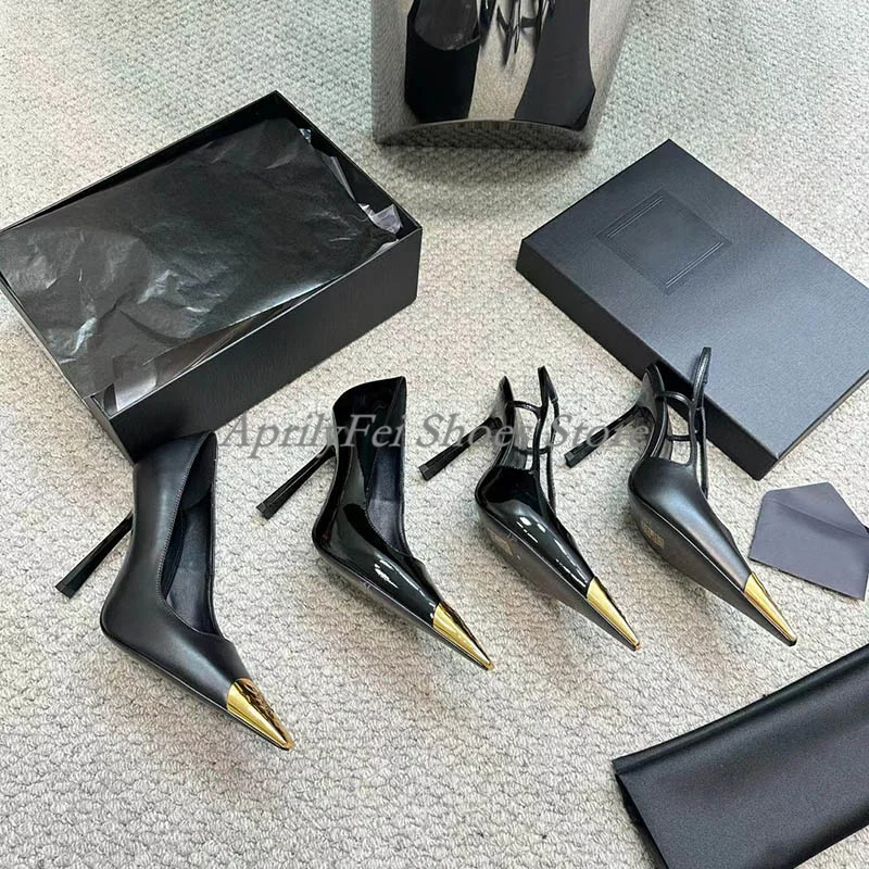 Elegant Womens Shoes Gold Pointed Toe Luxury Brand Party High Heels 4 Inch Black Patent Leather Women Dress Sandals Slingback 6