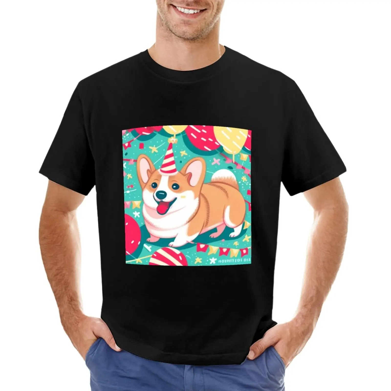 

Kawaii Corgi Birthday Extravaganza - Cute Dog with Presents and Balloons T-Shirt oversized t shirt Men's t shirts