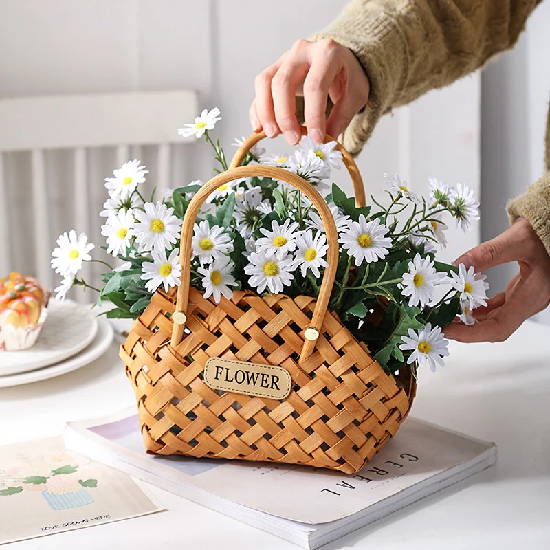 WoodChipsWovenFlowerBasketIdyllicPortableStorageBasketGift
