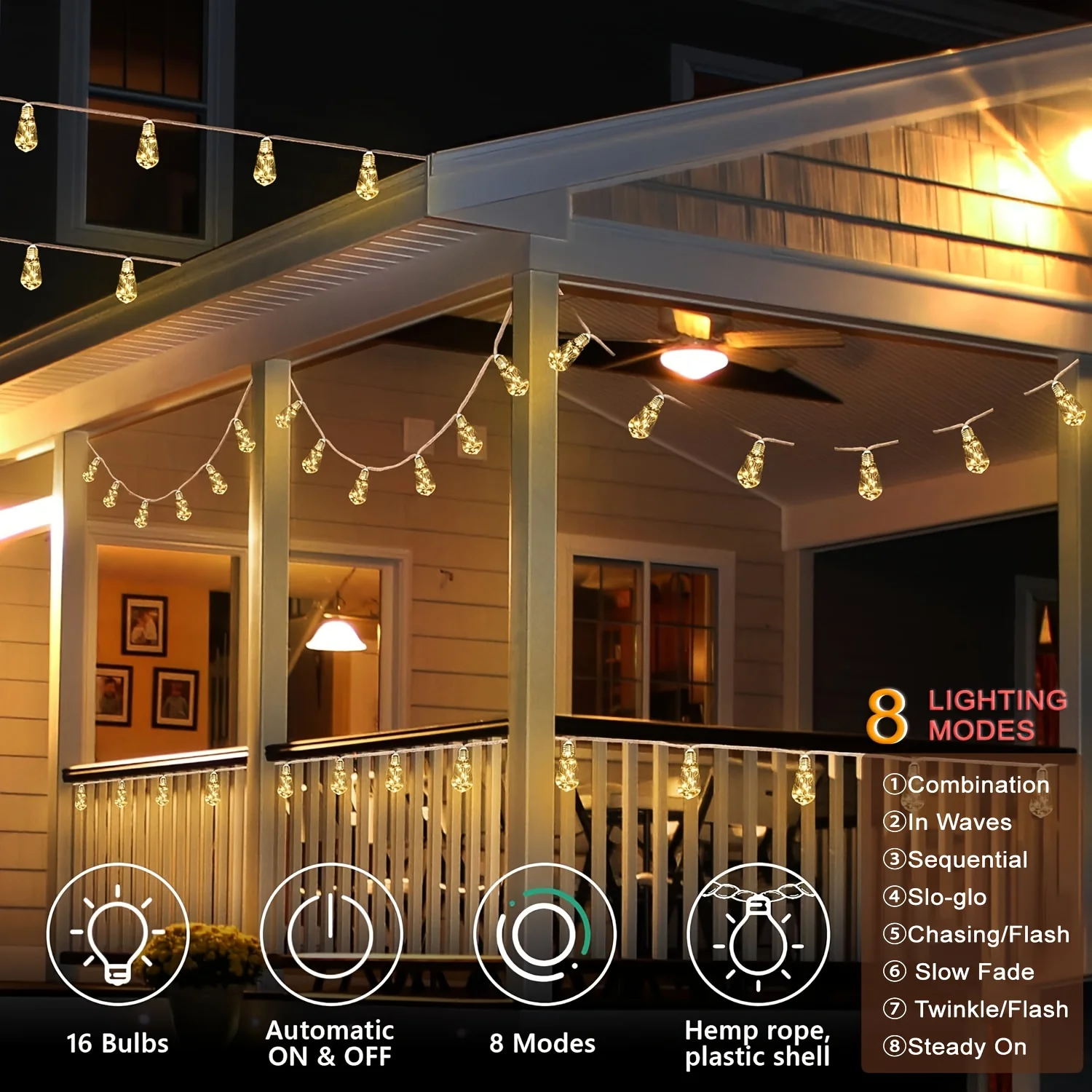 Description Picture 5 of item1/2PCS Solar LED String Lights 8M 16 Bulbs Retro Hemp Rope Fairy Lamp for Garden Patio Camping Christmas Decor Holiday Lighting