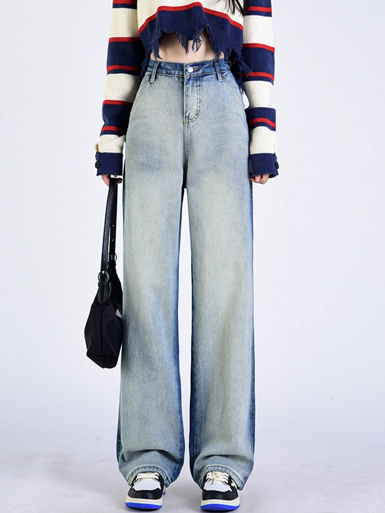 Hit Color Jeans Women High Waist Gradient Color Blue Denim Pants Female Streetwear Fashion Mom Jeans Zipper Pocket Trousers