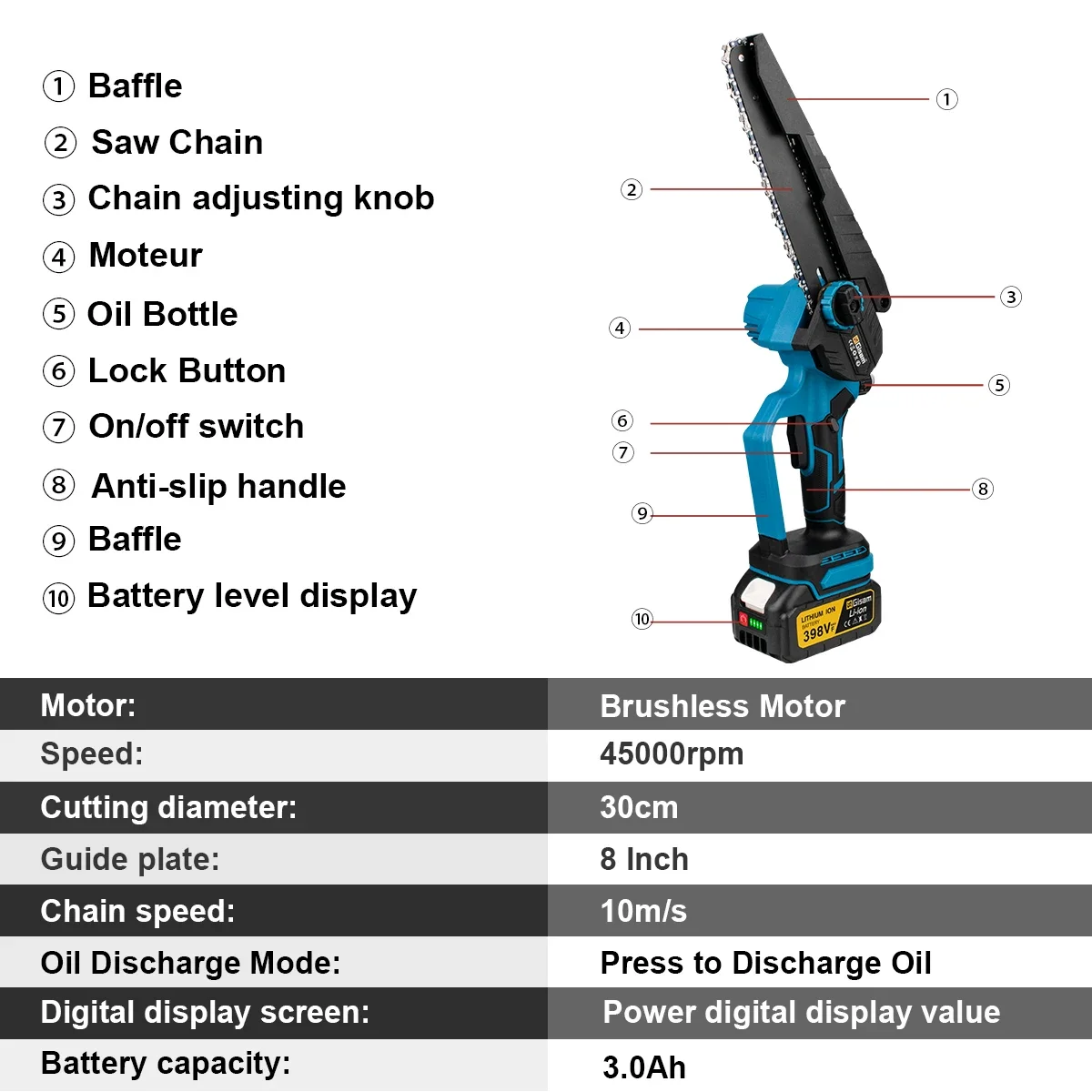 8 Inch Brushless Electric Saw Cordless Oil Electric Chain Saw Garden Wood Logging Chainsaw Power Tools For Makita 18V Battery 3