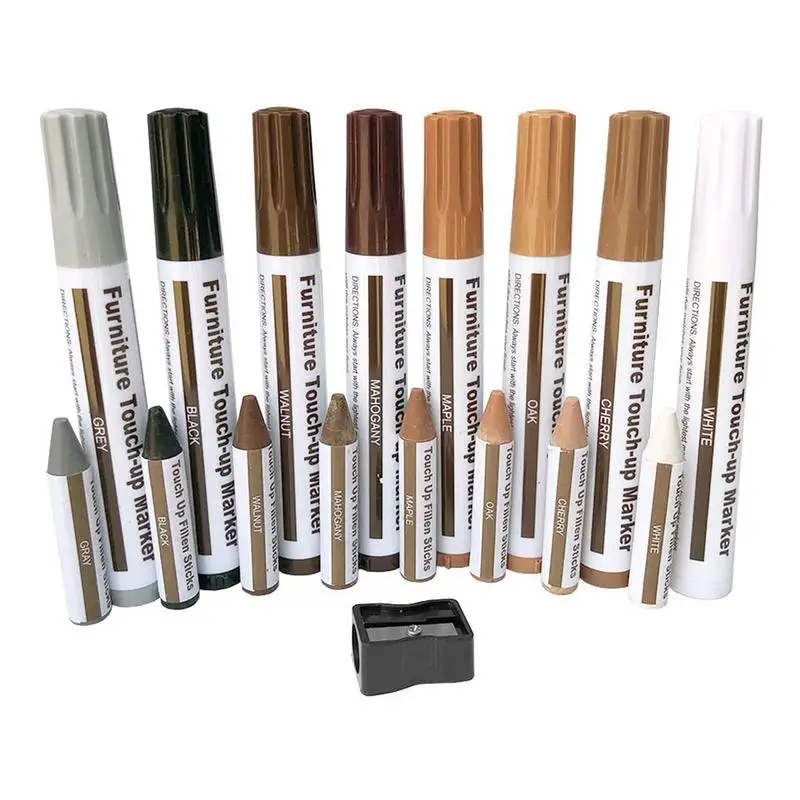 Furniture Repair Kit Wood Repair Markers Wood Repair Pen With Wax Sticks  And Wax Sharpener For Stains Scratches Floors 17PCS/Kit