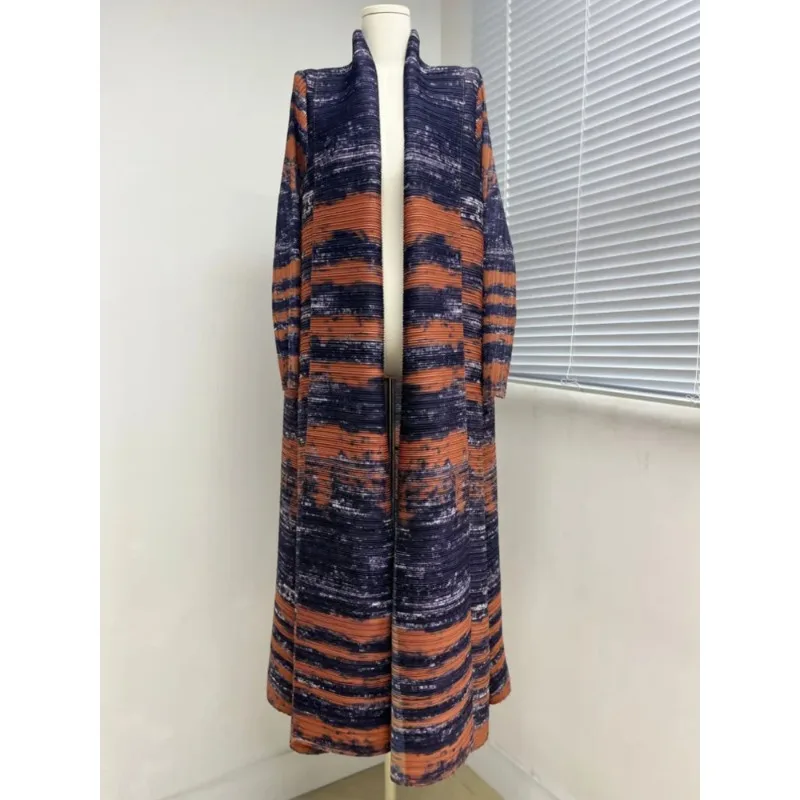 

Miyake Pleated Loose Plus Size Women Trench Coat Printed Lapel Cardigan Vintage Design Luxury Jacket Female Autumn Robe